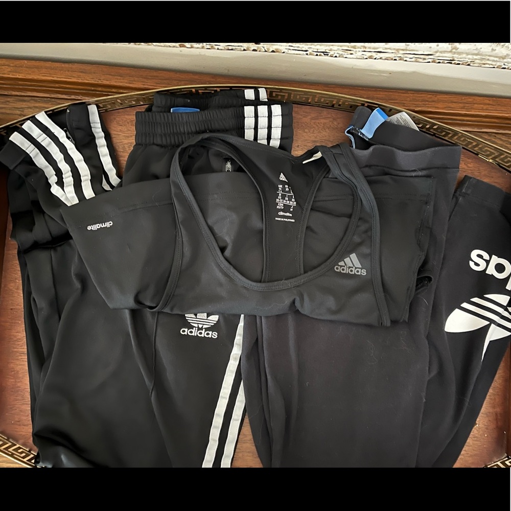 Adidas lot of three- track pants, leggings and climate tank top.